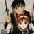Two anime-style characters in a pixelated image; one holds a long dark object while the other stands close with reddish-brown hair.