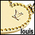 Animated icon with golden border and central abstract symbol, displaying 'louis' text on left frame and 'yuitton' text on right frame.