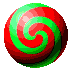 Six spherical icons with swirling patterns in various color combinations on a gray background.