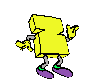 Yellow blocky character with purple shoes and green ankle bands performing various hand gestures and body poses against gray background.