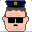 Four pixelated cartoon faces in a , each wearing dark sunglasses and blue-gray police-style caps with yellow insignias
