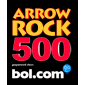 Animated sequence of 'ARROW ROCK 500' text and shapes transforming across with color shifts from red to yellow on black background