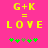 Yellow text 'G+K = LOVE' on bright pink background with green and brown pixelated symbols below, two identical frames side-by-side.
