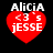 Four identical pixelated red heart icons with white text reading "AliciA <3 's jESSE" on a black background, arranged in a