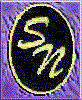 Oval-shaped icon with black background and yellow border, featuring stylized 'sn' text on purple textured background, animated to shift position across frames.