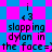 Pixelated icon with blue and pink checkered background, repeating text "i <3 slapping dylon in the face=}" in dark gray font.