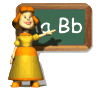 Animated character in yellow-orange dress points at green chalkboard with 'a Bb' text, showing subtle pose and expression changes across frames.