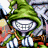 Pixelated character with green hooded cloak, wide grin showing teeth, white eyes, brown accents on clothing; black background with silver text.