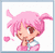 Pixelated cartoon character with pink hair and a blue-and-white outfit, holding hands near the face against a white background with faint light effects.