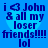 Blue background with four identical pixelated text blocks arranged in a , each containing 'i <3 John & all my loser friends!!!! lol' over a light blue heart shape