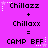 Pixelated text on a bright purple background shows 'Chillazz' and 'Chillaxx' combining to form 'CAMP BFF' with star and dot decorations.