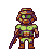 Pixel art character with green chest armor, brown and purple helmet, holding a long weapon against gray background.