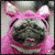 A pixelated dog wearing a pink hooded garment with ears, showing two distinct facial expressions in