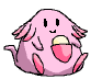 Two pink, rounded, cartoonish creatures with closed eyes and open mouths holding yellow objects, positioned side-by-side against a gray background.