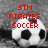 Pixelated image with red text over a grayscale soccer ball background.