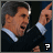 Pixelated animated icon shows a man in a dark suit with light blue shirt, pointing right with mouth open, text above changes from 'VOTE' to 'KERRY' with thumbs-up symbols appearing.