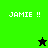 Pixelated green and black with "JAMIE !!" text in white, featuring a black star on top-left and a green star at bottom-right