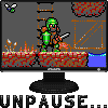Pixel art scene showing a green-armored character with sword and shield standing on red-tiled ground, surrounded by fire effects and blue water, with 'UNPAUSE...' text below.