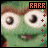 Animated contact sheet of a green puppet character with large eyes and brown hair, displaying sequential frame-by-frame animation changes in facial expression and eye position.