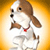 Pixelated dog with brown and white fur, black eyes and nose, red collar, standing against gradient yellow-orange background.
