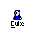Pixelated character in blue outfit with blue horns, labeled 'Duke', appears in four variations with speech bubbles and a standalone 'D' symbol.