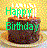 Pixelated birthday cake icon with green 'Happy Birthday' text over a brown cake base and yellow-orange gradient background.