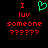 Pixelated red text and green heart symbol on black background, with repeated question marks below.