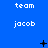Blue background with white text 'team' and 'jacob' arranged in a pattern, featuring small black symbols like plus signs and crosses at various positions