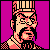 Pixel art portrait of a historical figure with stylized facial features, wearing traditional headgear and clothing against a solid magenta background.