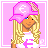 Animated contact sheet of a pixel art character in pink-themed outfits with text variations on a gray background.
