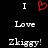 Black background with white text and red heart symbol arranged in three lines: 'I', 'Love', 'Zkiggy!' with a red pixelated heart replacing the 'O' in 'Love'.