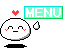 A 3x3 contact sheet of pixel art frames showing a round white cartoon character with red blush marks, black feet, and a small heart above its head, each frame displaying different facial expressions while holding a speech bubble labeled "MENU" in varying colors.
