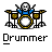Pixel art animation of a drummer character playing drums across multiple frames in a contact sheet layout.