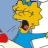 Pixelated cartoon character with yellow hair, blue dress, and open mouth holding red object against light blue background.