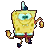 Four pixelated frames of a yellow sponge character in various running poses with one arm raised, wearing brown shorts and blue shoes against a gray background.