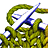 Pixelated green and blue abstract shape with curved lines, white circular elements, and scattered dark patches on a plain background.