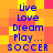Pixelated text on orange-yellow-red checkered background with blue lettering, showing repeated phrases and 'SOCCER' in blocky font
