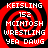 Red and black spiral background with white pixelated text reading KEISLING, 152, MCINTOSH, WRESTLING, YEA DAWG in four identical quadrants.