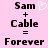 Pixelated text on pink background shows 'Sam + Cable = Forever' with white heart symbol next to Sam.