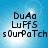 Blue background with white light burst, black pixelated text reading DuAq LuFfS sOurPaTch in three lines.