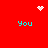 Red background with cyan "you" text and pixelated white symbols at corners and center.
