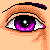 Pixelated eye with purple iris and black pupil, surrounded by peach-colored hair and eyelashes on a peach background.