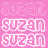 Pixelated text 'SUZAN' in white outline on pink background, repeated across a with varying opacity levels