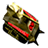 Pixelated icon of a dark green armored figure with red accents, holding a glowing yellow object, set against a plain gray background.