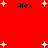 Red background with white plus signs and black text reading "Alex" in multiple positions.