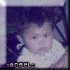 Six show a child in various poses with text labels: angel, look a bird!, bully face, a boogie hat!!, smile. The image has low-resolution pixelation and faded colors