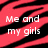 Red and black striped background with white pixelated text reading "Me and my girls" and "SEXXY!" in the lower-left, and "weer pretty. amazingly." in the upper-right.
