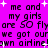 Pixelated text on bright purple background with white starbursts, repeating 'me and my girls are SO fly we got our own airline!' in multiple