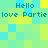 Pixelated of cyan and yellow squares with repeated text 'Hello' and 'love Partie' in blue pixel font
