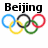 Four pixelated Olympic rings arranged in two with 'Beijing' text above and '2008' below on a white background